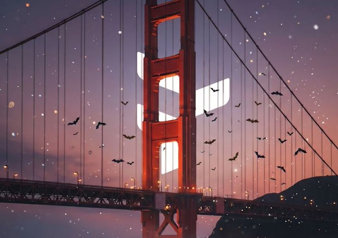 The image features a bridge with a red metal structure spanning across a river or valley. The bridge has multiple levels and is adorned with numerous bats flying around it. The sky above the bridge is painted in shades of purple, creating an artistic and surreal atmosphere. The caption provided seems unrelated to the image itself and focuses on the concept of crypto adoption rather than the actual visual content.