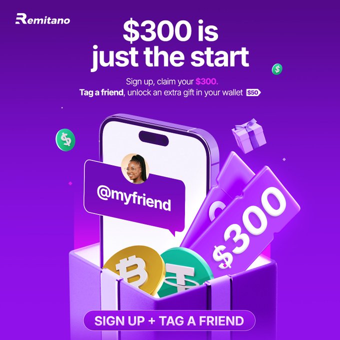 A purple Remitano promotional advertisement offering "$300" for signing up and an extra "$50" for tagging a friend, featuring 3D illustrations of a smartphone, gift box, and Bitcoin/Tether coins. The image is unrelated to the post's complaint about an unresolved BTC/NGN P2P trade with buyer Mr. Adeniran Abiola.