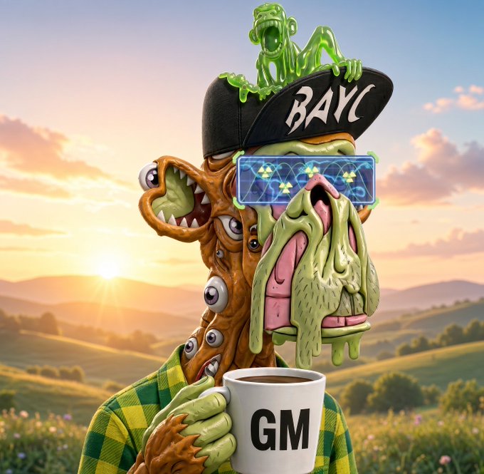 A digital illustration of a grotesque, melting cartoon character wearing a BAYC (Bored Ape Yacht Club) cap and holding a mug labeled "GM," set against a sunset countryside background.