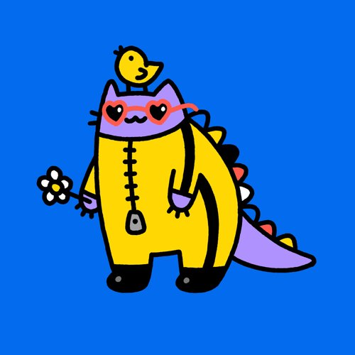 A yellow cartoon cat-saur wearing heart-shaped sunglasses and a yellow jumpsuit, holding a flower with a rubber duck on its head.