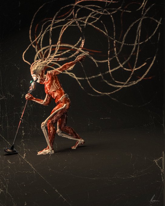A flayed, skeletal figure screams into a microphone against a dark, cracked background, with long, trailing hair or tendrils swirling around its head. The haunting artwork, titled "Until There Was Nothing Left To Sing," evokes a sense of creative exhaustion and raw, visceral expression, complementing the cryptic "0.3Ξ" notation.