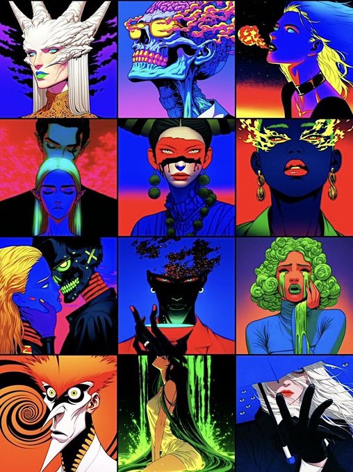 A grid of twelve vibrant, pop-art style portraits featuring various characters, including demons, zombies, and stylized humans, rendered in bold neon colors.