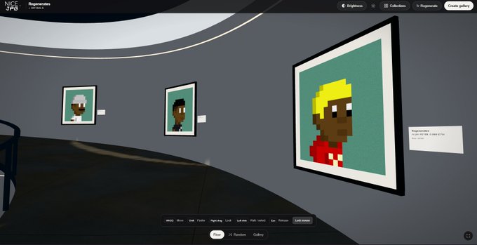 A virtual gallery interface labeled 'NICE JPG' displays pixel art portraits on the walls, including a larger portrait of a blonde character in a red shirt with a description card beside it.