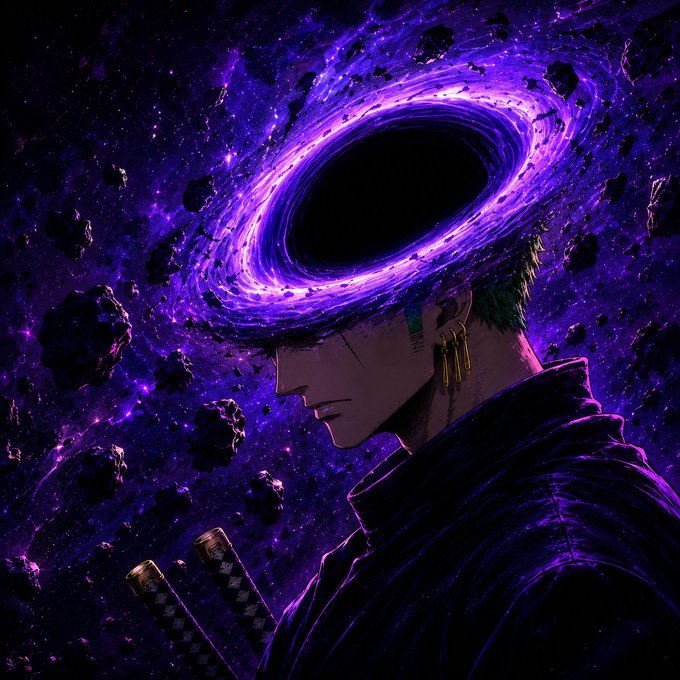 A dramatic anime-style illustration of a character in profile wearing a dark jacket, whose head is replaced by a glowing purple cosmic black hole surrounded by asteroids in space, with sword hilts visible at the bottom.