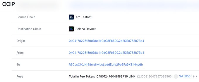 The image displays a CCIP (Cross-Chain Interoperability Protocol) transaction details page showing a transfer from Arc Testnet (source chain) to Solana Devnet (destination chain), with both the Origin and From addresses listed as 0xc4178226f590d8c140dC8Fb6DC2d2DE8763b73b4, and the destination To address as RECvsCiXJHj48mzKvyucLeddEJfy2Pp3Fa9KZfHvpdb. The total fees are shown as 0.18012476048188739 LINK (2.100315047257088563 USDC), illustrating a successful cross-chain bridging operation powered by Chainlink's CCIP between the Arc and Solana networks, utilizing LINK tokens for fees.