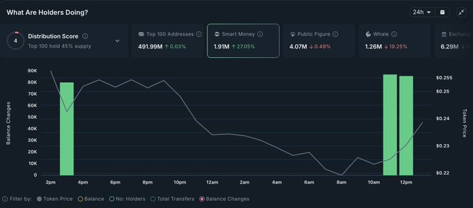 The image shows a screenshot of an investment dashboard displayed on a computer screen, showing two bars - one green and one gray - representing different data sets or stock price fluctuations over time. The green bar appears to be rising, while the gray bar is decreasing, indicating some financial changes taking place in that particular period. The main post on this dashboard states "What Are Holders Doing", suggesting it might be discussing market trends or the performance of certain assets.