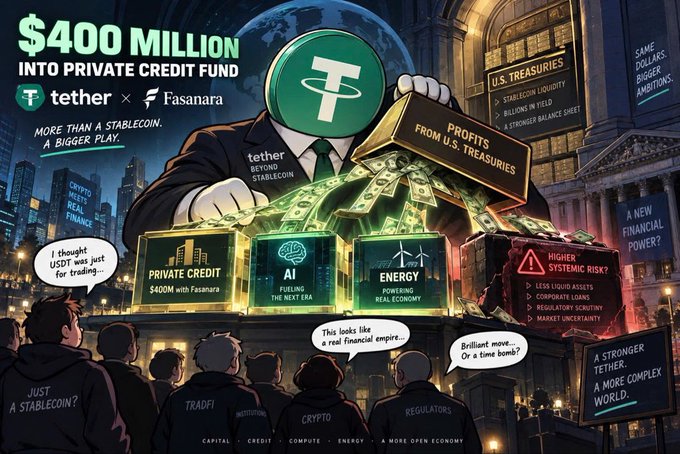 An illustrated promotional graphic showing Tether's $400 million investment into the private credit fund Fasanara, with a Tether-masked figure pouring money from a 'Profits from U.S. Treasuries' box into containers labeled Private Credit, AI, and Energy, watched by a crowd labeled 'Crypto', 'Traders', 'Regulators', and 'TradFi'.