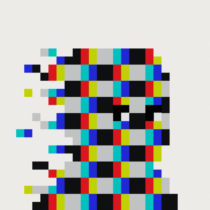 An abstract pixel art composition featuring a grid of colorful blocks in red, blue, yellow, cyan, black, gray, and white on a white background.