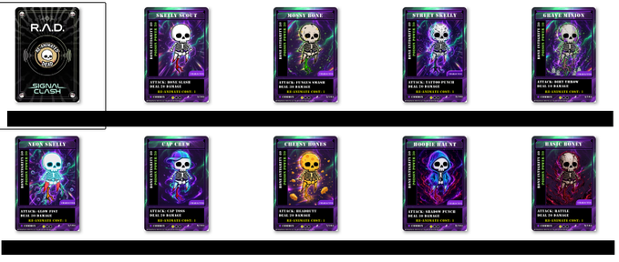 Display of 10 skeleton-themed NFT/trading cards in the 'R.A.D SIGNAL CLASH' series, each with different attributes like 'SKELLY STACY' and 'MOISTY BRIAN'.