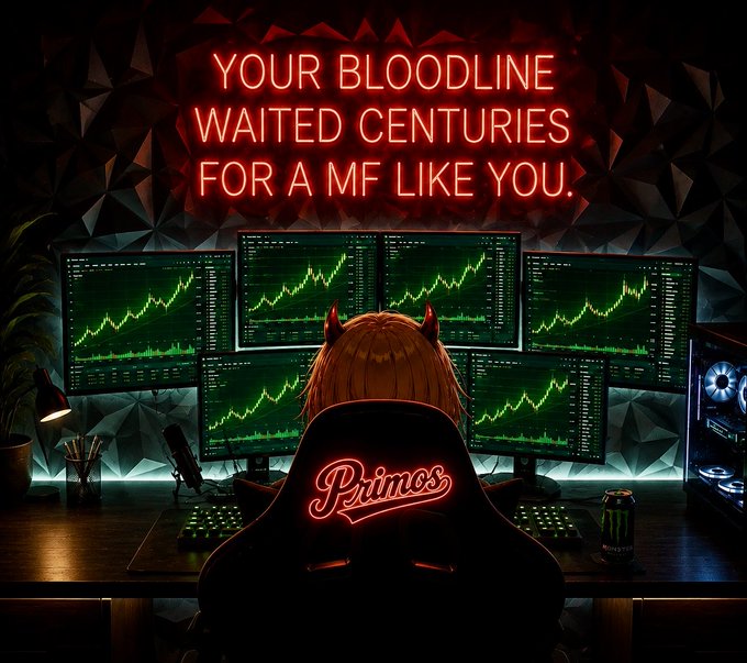 An anime-style character with red demon horns sits at a multi-monitor trading setup displaying bullish green charts, beneath a neon sign reading "YOUR BLOODLINE WAITED CENTURIES FOR A MF LIKE YOU," with a gaming chair branded "Primos" and a Monster energy drink nearby. The image's blend of intense trading screens and motivational dark energy perfectly captures the "lock tf in" mentality—signaling focus, grind, and hustle to seize gains.