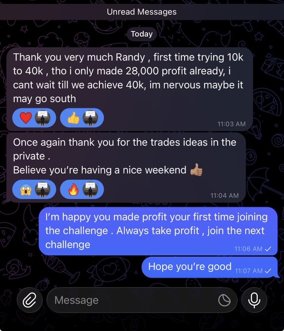A screenshot of a Telegram chat where a user thanks 'Randy' for trade ideas, mentioning they made 28,000 profit going from 10k to 40k, and Randy replies encouragingly.