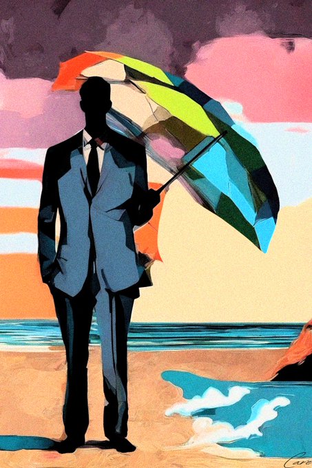 The image features a man standing on a beach, holding an open umbrella that provides shade from the sun. The man appears to be dressed in a suit and tie, which contrasts with the casual atmosphere of the beach setting. The colors used in the painting are predominantly blue, green, orange, and pink, creating a vibrant and lively scene. The post seems to be discussing the concept of "Internal Weather" or an artistic interpretation of how the man's attire and umbrella symbolize his ability to weather any storm that comes his way.