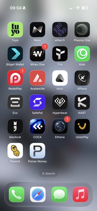 A smartphone home screen displays an extensive grid of cryptocurrency, fintech, and payment apps including Tuyo, Nexo, ether.fi, Plasma One, Bitget Wallet, Wirex One, Tria, Kolo, RedotPay, Avalanche, Avici, XPlace, Exa, SafePal, Hyperbeat, KAST, blackcat, COCA, Ethena (with a "1" notification badge), UstarPay, Peanut, and Pulsar Money—visually representing the abundance of choices the poster must narrow down to just one crypto card for the next year.