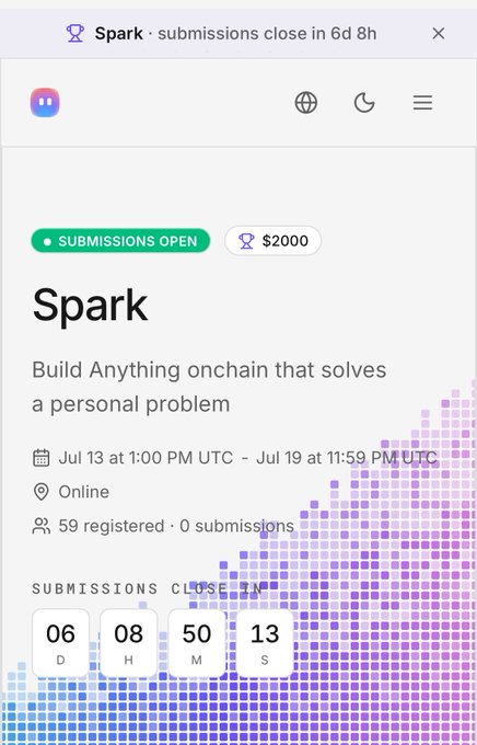 A 'Spark' hackathon page on what appears to be DoraHacks shows submissions open with a $2000 prize, running from July 13 to July 19, with a countdown timer at the bottom.