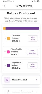 A screenshot of a 'Balance Dashboard' for a mining app showing a balance of 3,275.59149 ft, with categories for Unverified, Transferable, and Migrated balances.
