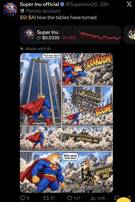 The image shows a tweet from the parody account "Super Inu official" featuring an AI-generated comic strip where Superman battles a villain named "Artificial Inu," playing on the meme "$SI $AI how the tables have turned" with SI shown down 15.74%. The post criticizes the Super Inu account for allegedly cherry-picking AI-related criticism while ignoring that SI holders often attack AI, pointing to this kind of inflammatory AI-generated content as evidence of hypocrisy.