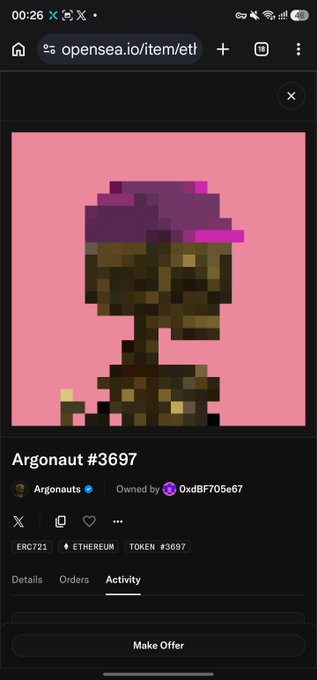 A mobile screenshot of OpenSea showing 'Argonaut #3697' token #3697, an ERC721 token on Ethereum owned by 0xdBF705e67.