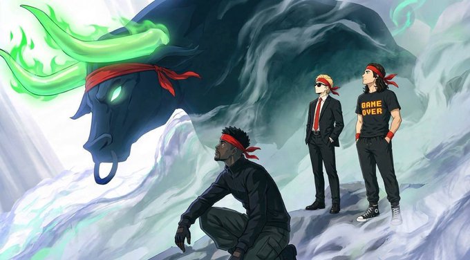 An anime-style illustration of three characters with red headbands standing in a misty landscape, facing a large dark bull-like creature with glowing green flames emerging from its head.