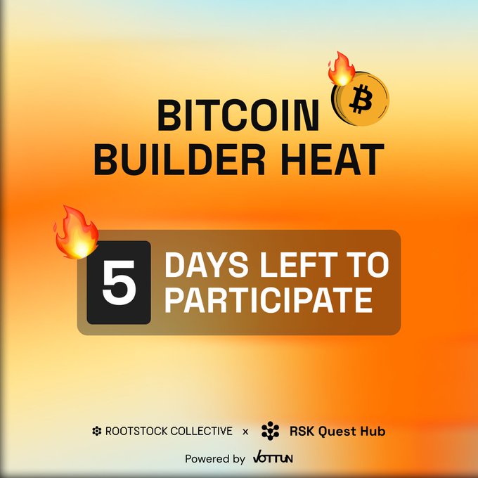 An advertisement for 'BITCOIN BUILDER HEAT' showing a Bitcoin icon on fire, with a banner stating '5 DAYS LEFT TO PARTICIPATE' and logos for 'ROOTSTOCK COLLECTIVE' and 'RSK Quest Hub'.