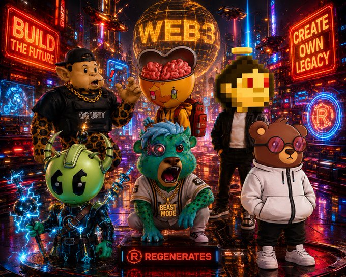 A vibrant Web3-themed digital artwork featuring cartoon characters including a leopard-print figure in 'OG UNIT' gear, a creature in a 'BEAST MODE' shirt, and a bear with an X eye, with neon signs reading 'BUILD THE FUTURE', 'WEB3', 'CREATE OWN LEGACY', and 'REGENERATES'.