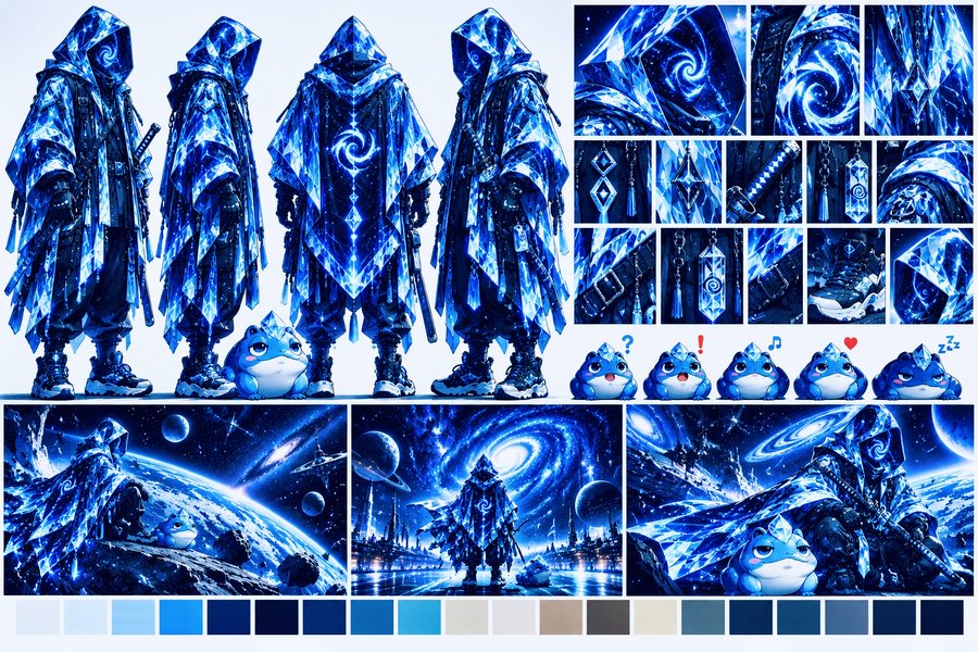 A character design sheet showing a hooded figure in intricate blue cosmic-themed robes with swirling galaxy patterns, accompanied by a small blue cat-like creature in various poses and detailed close-ups.