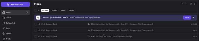 The image shows a CMC Support Desk inbox with multiple requests to add Cryptocash (ticker RAMEN) on CoinMarketCap, reflecting the post's announcement about Ramencoin's incoming CoinMarketCap listing.