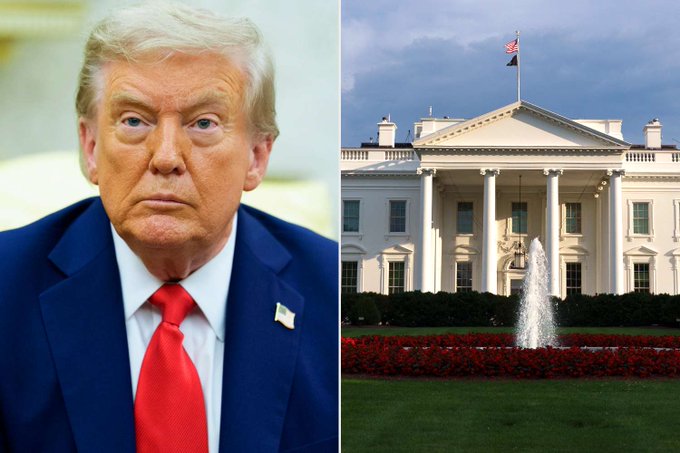 A split image shows Donald Trump in a dark suit and red tie on the left, alongside the White House on the right, visually representing the context of the White House's criticism of the Federal Reserve's interest rate decision.
