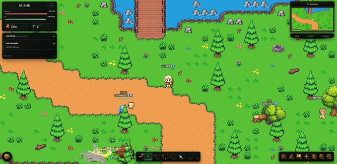 A screenshot of a pixel-art MMORPG game showing characters exploring a grassy area with trees and a river, with a 'GUNSHI' quest menu visible.