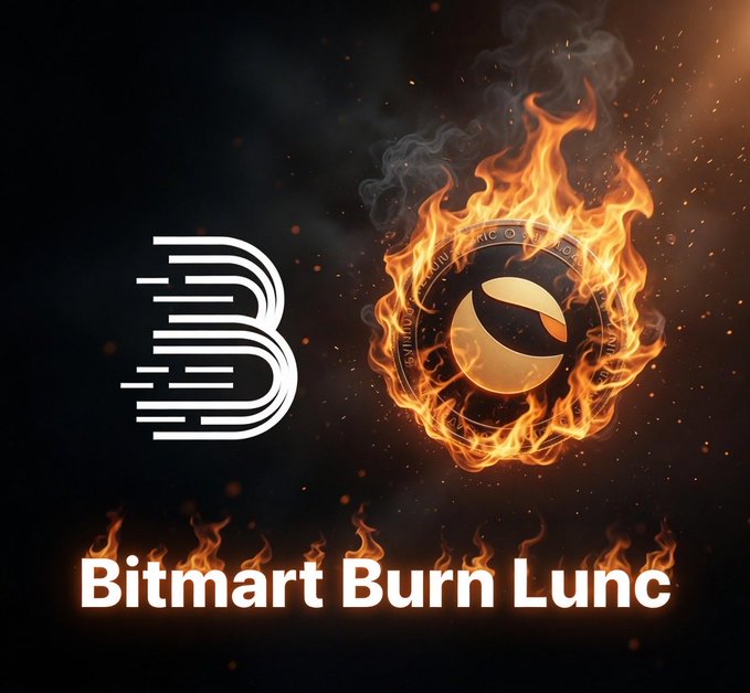The image features an advertisement for Bitmart Burn Lunch, which is a cryptocurrency wallet service. The background of the image is black with white lines, creating a striking contrast that makes the Bitcoin logo stand out. In the center of the image, there's a fire burning on top of a coin, symbolizing the burning of digital currency. Below this, the text "BITMART BURN LUNCH" is written in white letters, and below it, another line of white text reads "Top validators would love to see @BITMART BURN LUNCH monthly and also create a validator for their users!". The image effectively conveys the message about the Bitcoin wallet service.