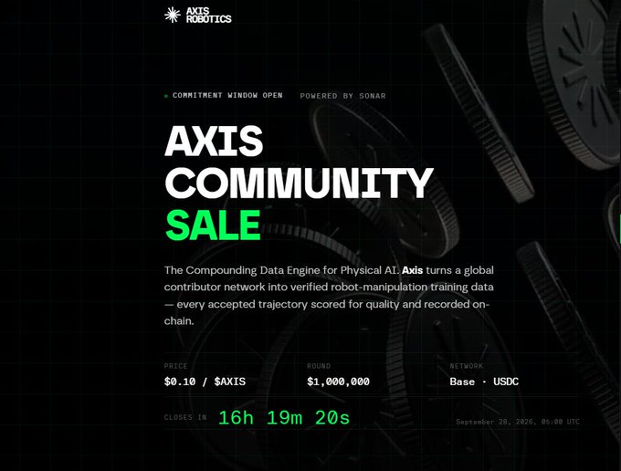An 'AXIS COMMUNITY SALE' promotional graphic for Axis Robotics, powered by Sonar, offering $AXIS tokens at $0.10 in a funding round of $1,000,000 on the Base-USDC network.