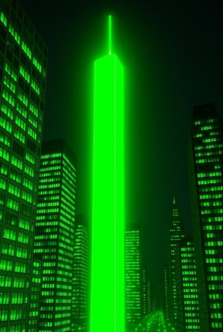 A nighttime cityscape featuring a tall skyscraper glowing intensely green, surrounded by other buildings with green-tinted windows against a dark sky.