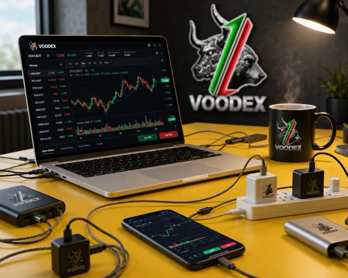 A product mockup displays 'VOODEX' branded items on a yellow desk, including a laptop showing a crypto trading interface with candlestick charts, a matching phone, power adapters, and a branded mug.
