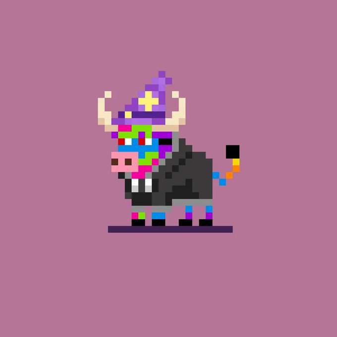 A pixel art illustration of a colorful, multicolored cow-like creature wearing a purple wizard hat with horns and a yellow star, standing against a purple background.