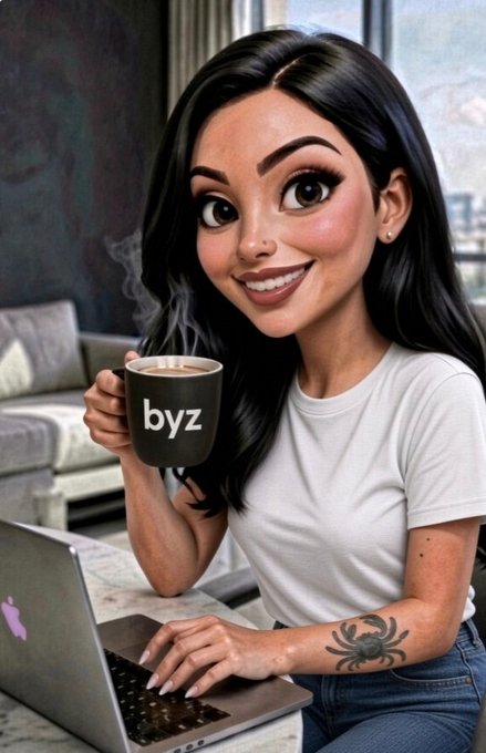 Digital illustration of a smiling woman with long dark hair holding a steaming black mug labeled 'byz' and working on a silver laptop.
