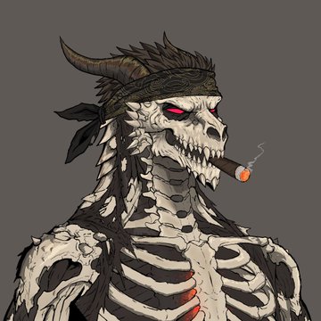 Dark fantasy digital illustration of a skeletal/dead warrior with horns, a headband, and red glowing eyes, smoking a cigar, with exposed ribs and tattered clothing against a gray background.