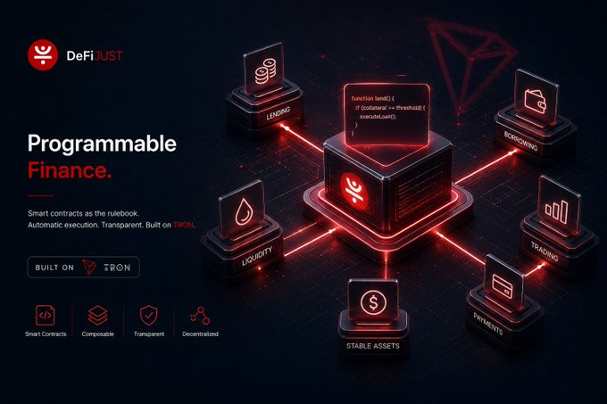 DeFiJUST 'Programmable Finance' graphic showing a smart contract hub connecting lending, borrowing, liquidity, trading, payments, and stable assets on Tron.