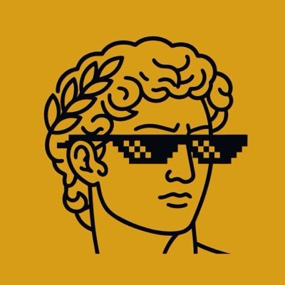 A stylized line-art illustration features a classical bust with a laurel wreath crown wearing pixelated "deal with it" sunglasses, set against a mustard-yellow background. The cool, confident aesthetic aligns with the post's tone, suggesting the NFT/token project (Akadot) is a standout, trendy opportunity worth watching.