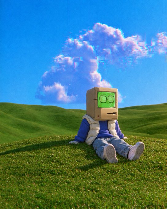 A surreal 3D render shows a character with a cardboard box computer monitor for a head sitting in a grassy field under a blue sky with a glitching cloud.