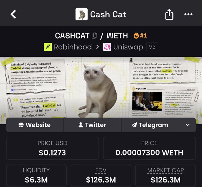 A screenshot of a cryptocurrency tracking page showing Cash Cat (CASHCAT/WETH), ranked #1, trading at $0.1273 USD with a market cap of $126.3M and liquidity of $6.3M, listed on Uniswap V3 via Robinhood. The image supports the post's point by displaying the token's substantial $130M valuation, despite its clear novelty status featuring a cat meme and humorous references to founder Chan.