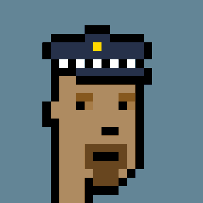 A pixel art portrait of a character wearing a blue and white striped captain's hat, set against a solid blue background.