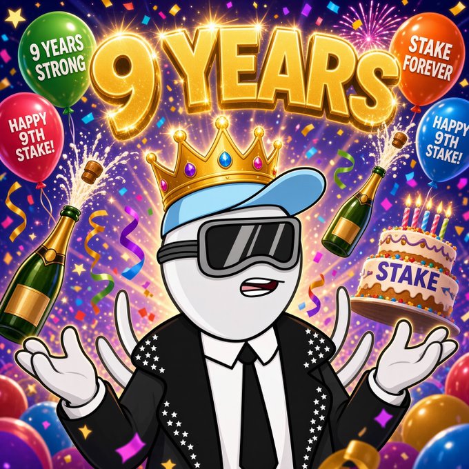 A vibrant celebratory graphic featuring a cartoon character in a suit, sunglasses, and crown, surrounded by champagne, balloons, and a cake reading 'STAKE', with text celebrating '9 YEARS', '9 YEARS STRONG', 'STAKE FOREVER', and 'HAPPY 9TH STAKE!'.
