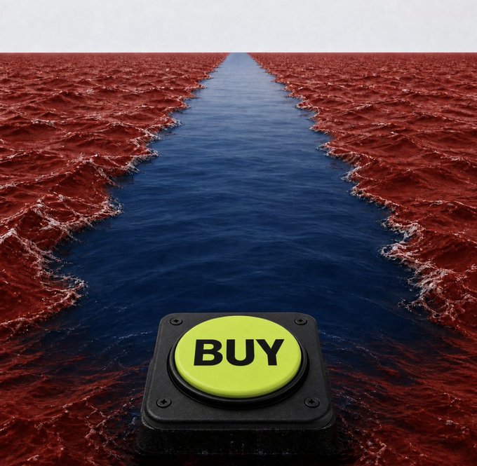 A conceptual image showing a yellow 'BUY' button on a path through a turbulent red sea, suggesting navigating risky market conditions to invest.