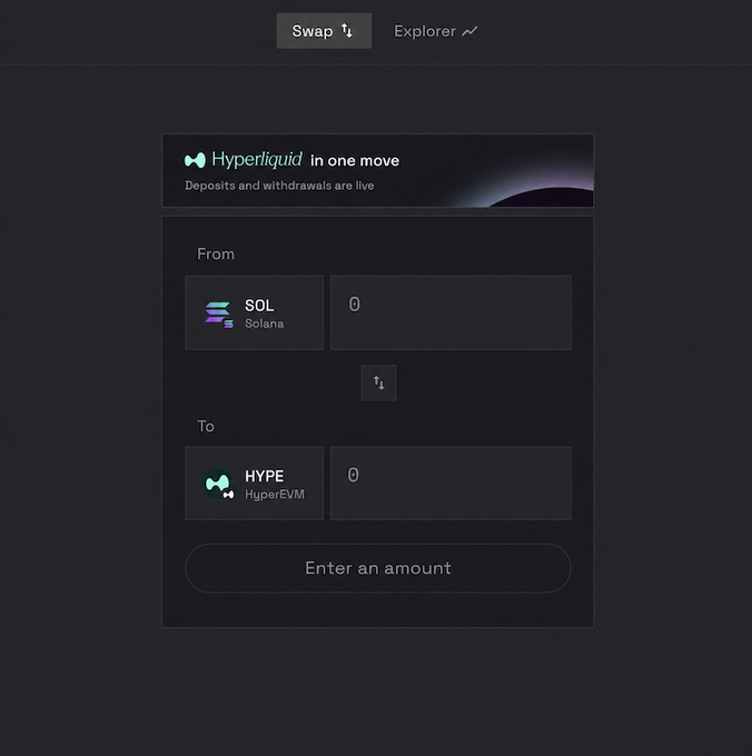 A dark-themed cryptocurrency swap interface shows 'Hyperliquid in one move' with a swap from SOL (Solana) to HYPE (HyperEVM).