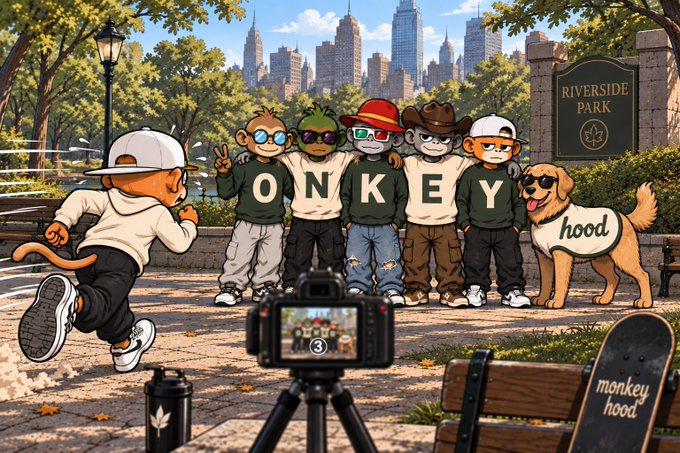 A group of monkey characters wearing sweaters spelling "ONKEY" pose for a photo in Riverside Park, with one monkey running to join them, while a dog wearing a "hood" sweater stands nearby and a camera on a tripod captures the scene. The image creatively visualizes the MonkeyHood NFT brand from the post, with signage including "RIVERSIDE PARK" and a skateboard displaying "monkey hood," tying together the community branding and V1 burn initiative mentioned in the caption.