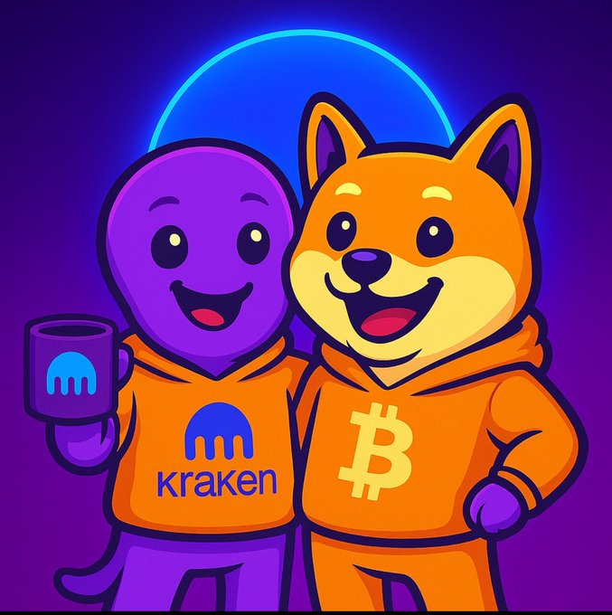 A cartoon illustration of two characters in orange Kraken hoodies—one purple octopus-like figure holding a mug and one orange dog with Bitcoin logo—with a blue neon circle behind them on a purple background.