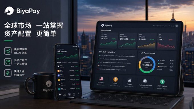 The image showcases a promotional display for BiyaPay, featuring a smartphone and laptop set against a city skyline backdrop, both screens showing a trading dashboard with US stocks like NASDAQ at 187,302.50, Dow Jones, S&P 500, Gold, and Oil prices, along with a Multi-Asset Overview and cryptocurrency options including BTC, ETH, and USDT. This visual supports the post by illustrating BiyaPay's comprehensive platform for managing cross-border assets and tracking real-time market data across multiple asset classes from a single interface.