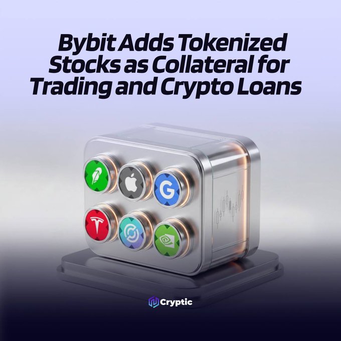 The image features a sleek, metallic safe displaying circular icons of major companies' logos—including Nvidia, Apple, Google, Tesla, Circle, and Robinhood—alongside the headline "Bybit Adds Tokenized Stocks as Collateral for Trading and Crypto Loans." The safe visual metaphor reinforces the post's message about Bybit's new offering that allows users to use tokenized shares of these companies, issued via xStocks in partnership with Backed, as eligible collateral for margin trading and crypto loans.