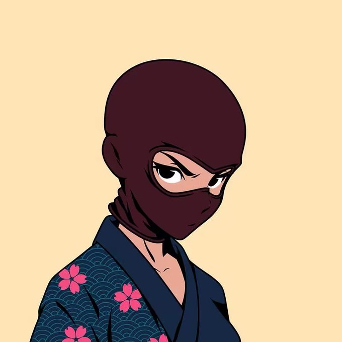 Cartoon-style illustration of a character wearing a dark burgundy ninja-style mask and a blue kimono decorated with pink cherry blossoms and wave patterns, set against a beige background.