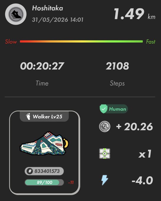 The image shows a fitness tracking app with a black background, displaying various statistics about a user's activity level during their walk. The app provides information such as the number of steps taken, calories burned, and distance traveled. It also displays the time spent on walking at different intervals throughout the day. The post in question is titled "Stepn" and has been shared by someone named "#stepn".