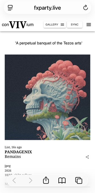 A mobile screenshot of the website 'fxparty.live' displaying a Tezos NFT gallery titled ''A perpetual banquet of the Tezos arts'', featuring a digital artwork called 'PANDAGENIX Remains' depicting a skull with coral-like growths.